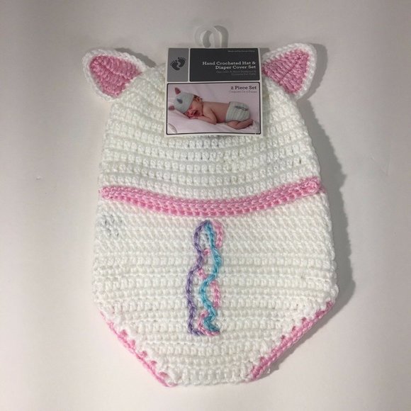 Hand Crocheted Hat And Diaper Cover Unicorn Sz 0-9 Months Infant Baby Photo New - Picture 6 of 12